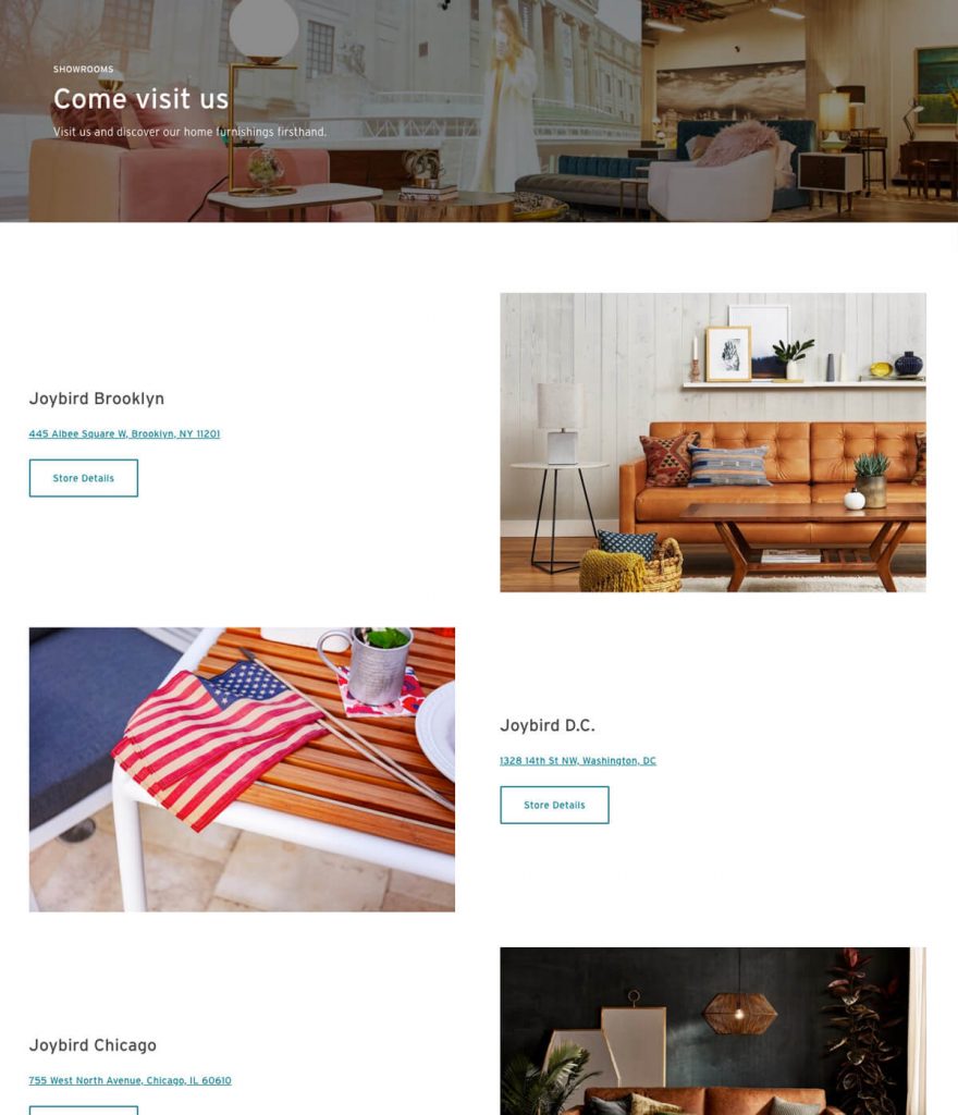 Joybird showroom gallery page design